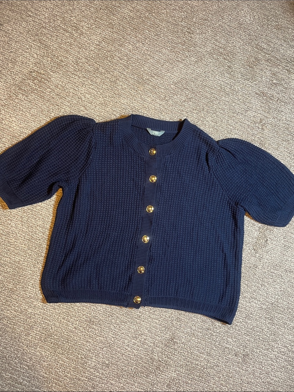 Terra & Sky Navy Puff Sleeve Cardigan with Gold Buttons